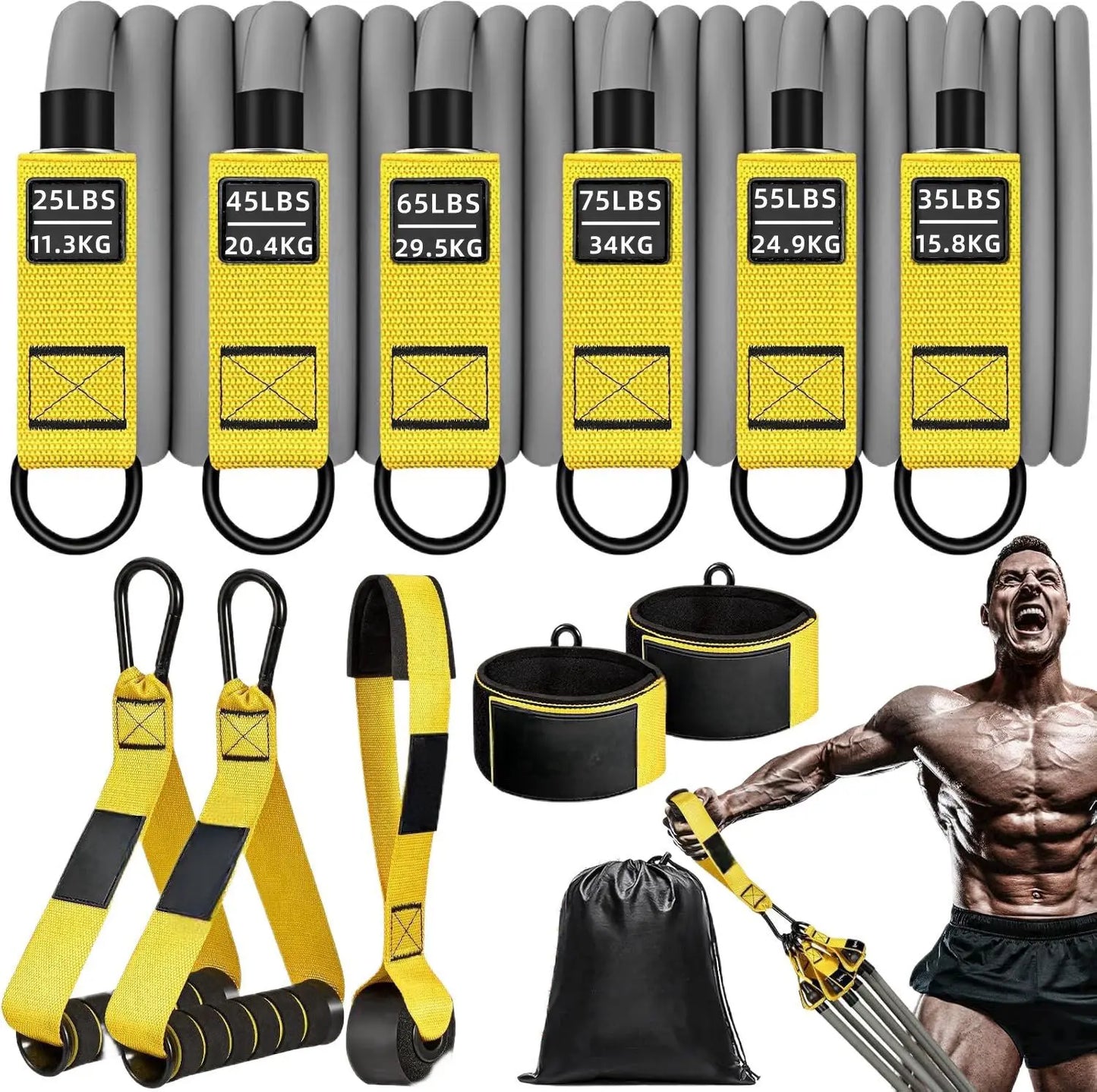 Set of resistance bands with labeled weights and a muscular man exercising.