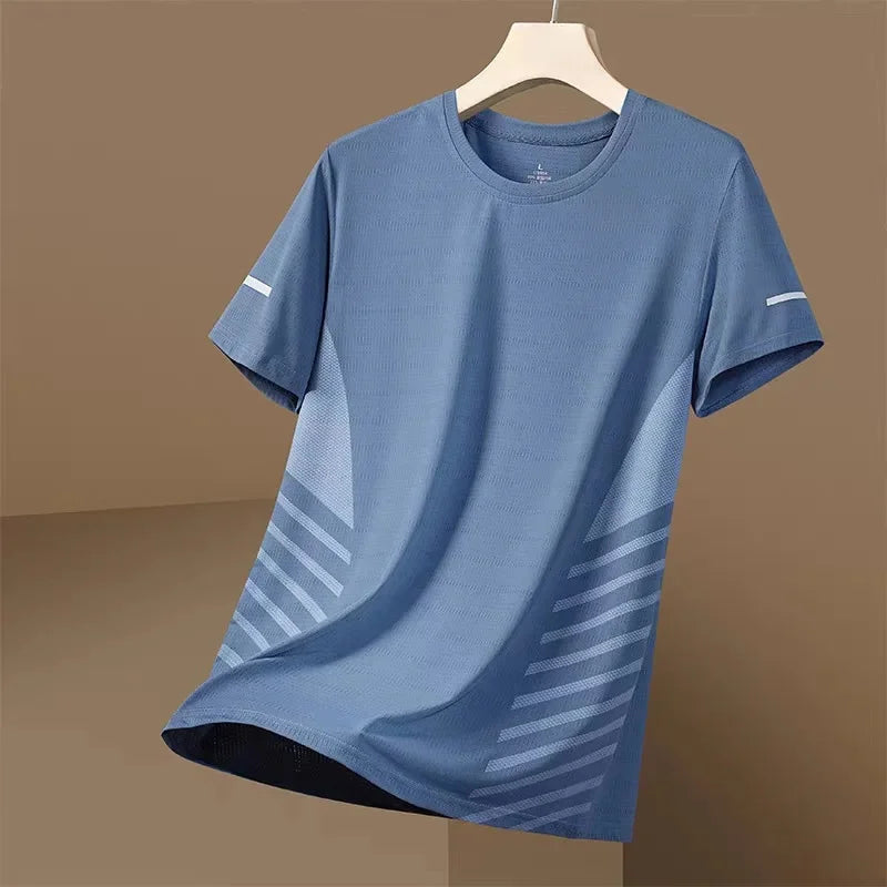Blue t-shirt with white stripes on a hanger against a brown background