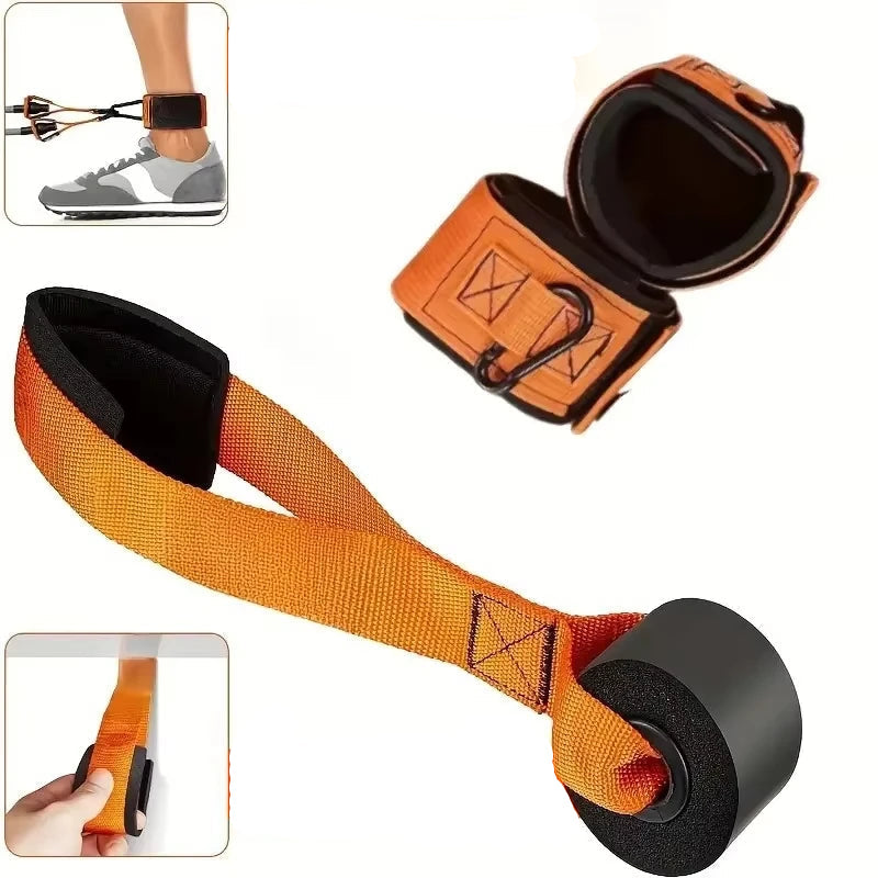 Orange resistance band with black foam handles and ankle straps, displayed with product details.