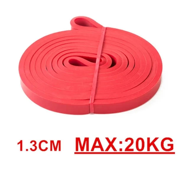 Red resistance band with size and weight capacity text on a white background