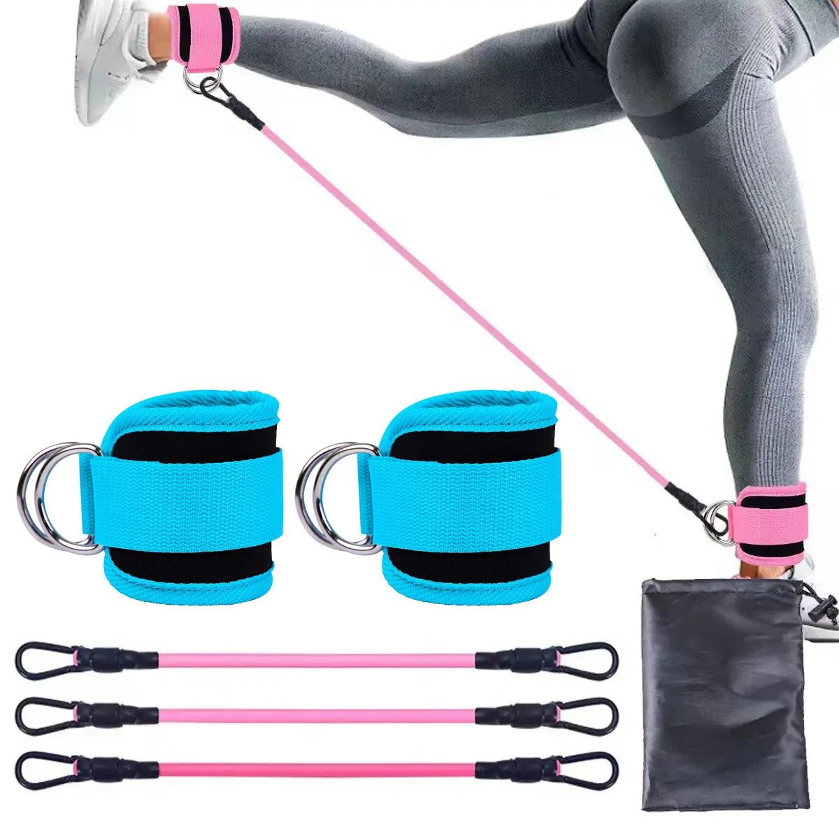 Set of resistance bands with blue and pink colors, including a person using them.