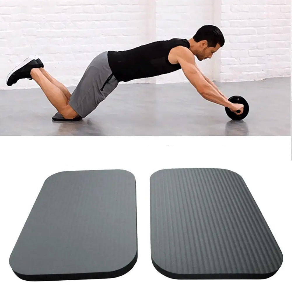 Person performing a plank exercise with a yoga knee pad cushion, followed by images of the cushion itself.