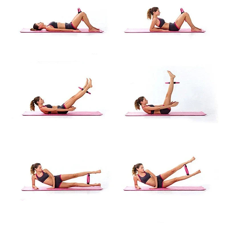 Yoga exercise guide with steps and illustrations of a woman performing yoga poses on a pink mat.