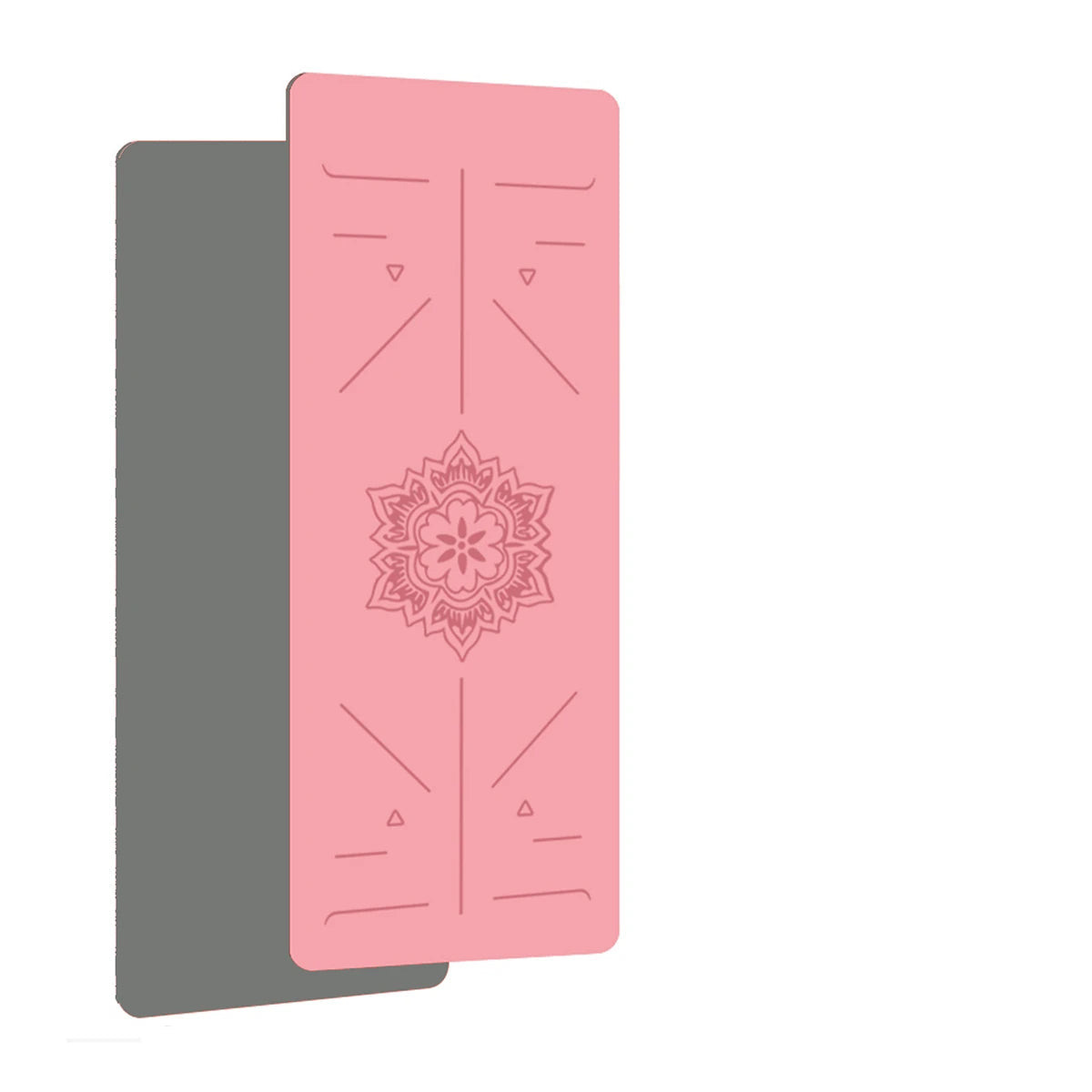 Pink and gray yoga mat with a lacing feature on a white background