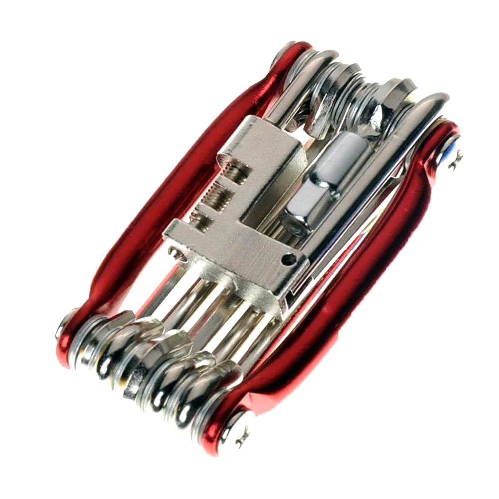 Multi-tool with red handle and silver components on a white background