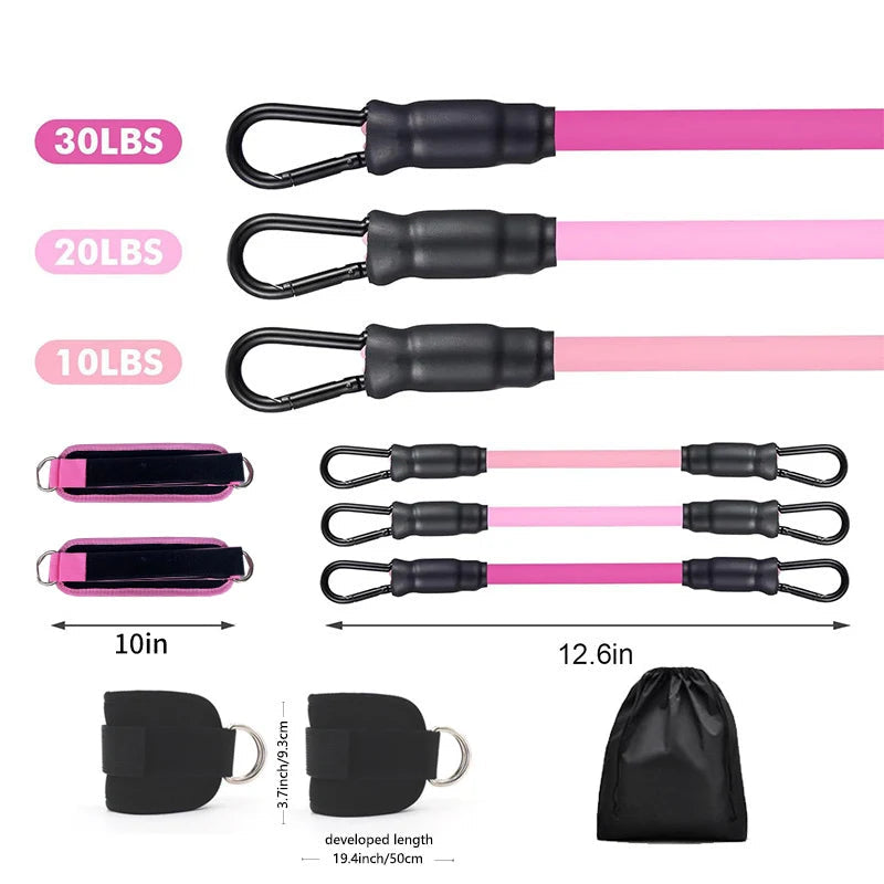 Set of pink resistance bands with varying weights and a carrying bag on a white background.