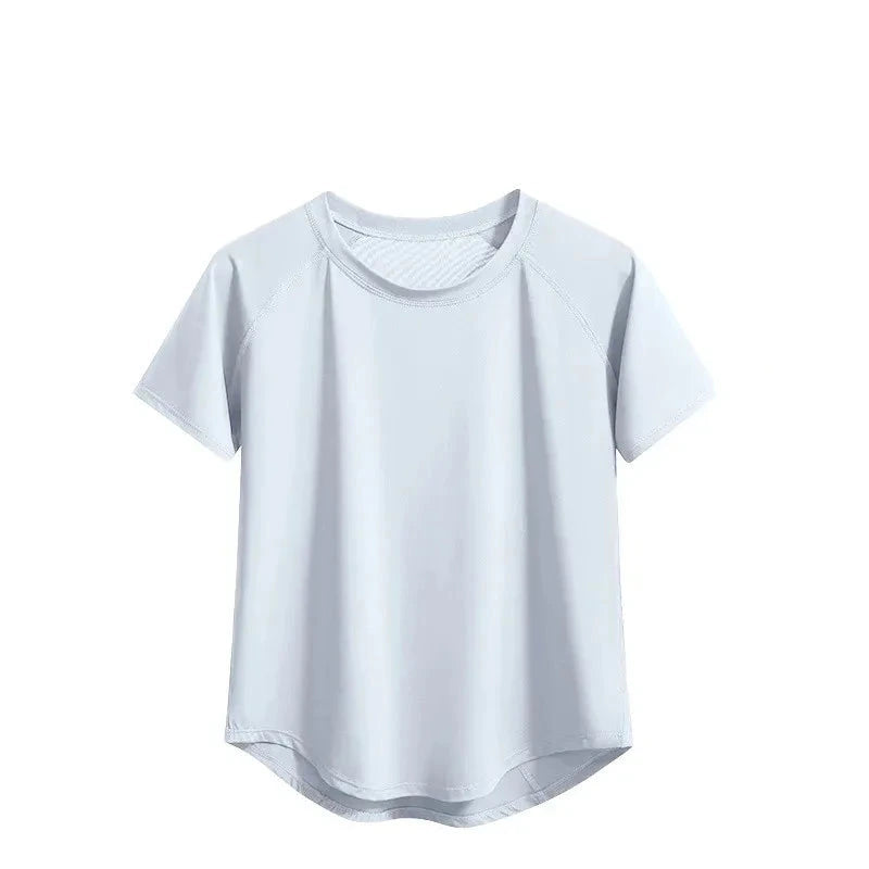 Light blue t-shirt with 'Mesh stitching fitness clothes' text on a white background