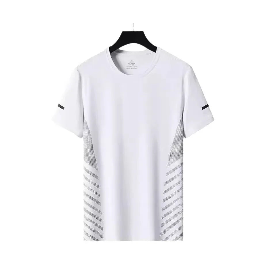 White t-shirt with black accents on a hanger against a white background