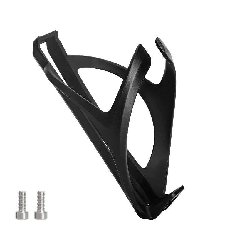 Black bicycle bottle cage with two screws on a white background