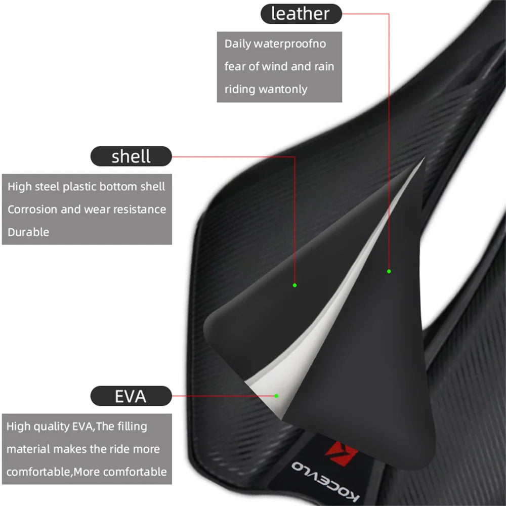 Black bicycle seat with labeled components on a white background