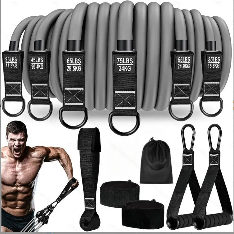 Set of resistance bands with labeled weight capacities, a muscular man, and additional fitness equipment on a white background.