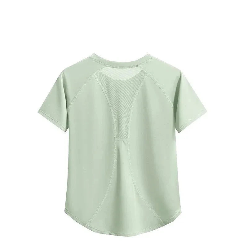 Light green fitness top with mesh stitching on a white background