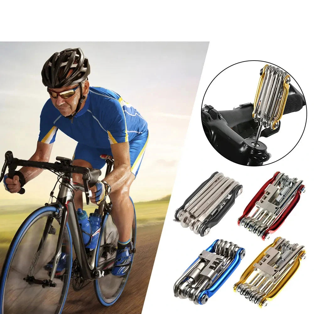 11-in-1 bicycle repair tool set with a cyclist on a road bike and close-up of tools.