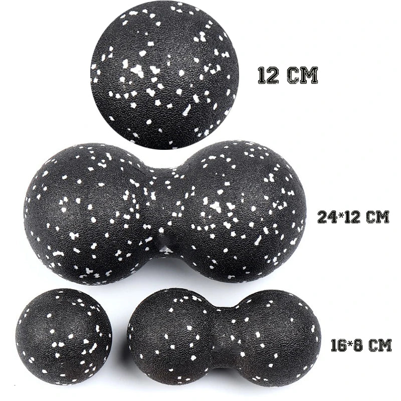Black and white textured dumbbell-shaped stress ball with measurements on a white background