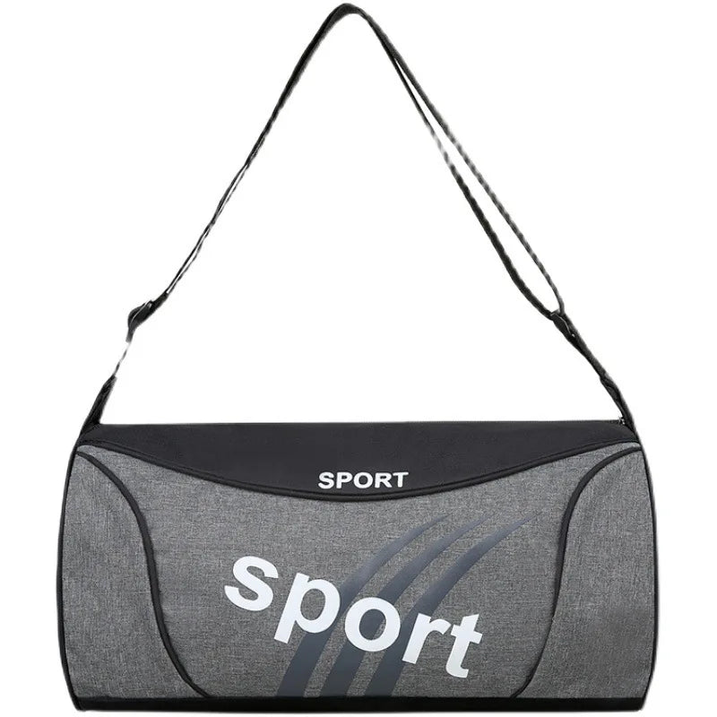Gray sports bag with 'sport' branding on a white background