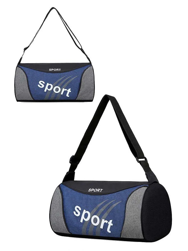 Dark blue and gray duffel bag with 'sport' text on a white background