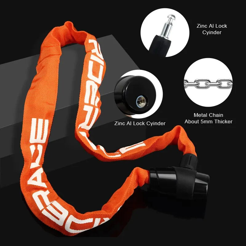 Orange security chain lock with close-up details on a black background