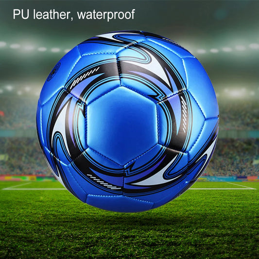 Blue soccer ball on a grass field with 'PU leather, waterproof' text