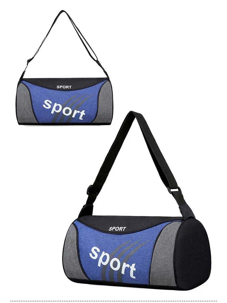 Blue and gray duffel bag with 'sport' text on a white background