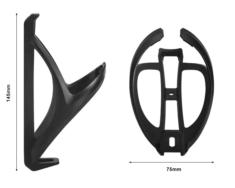 Black bicycle water bottle holder with measurements on a white background