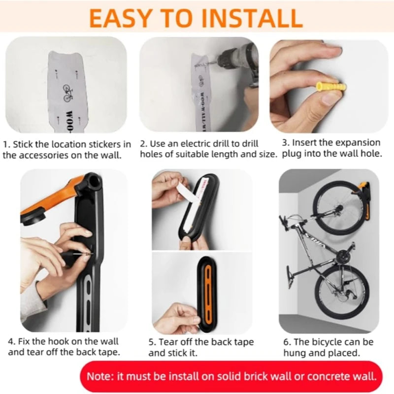 Step-by-step guide on how to install a bicycle wall mount with text 'EASY TO INSTALL'.
