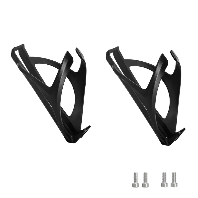 Two black bicycle bottle cages with mounting hardware on a white background