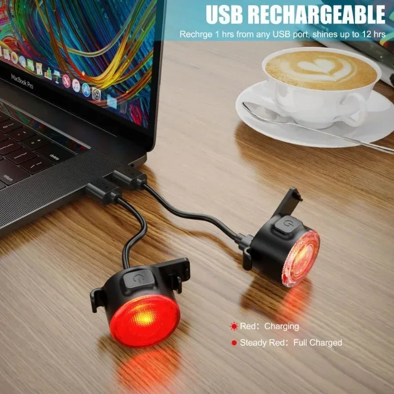 USB rechargeable lights on a desk with a laptop and coffee.
