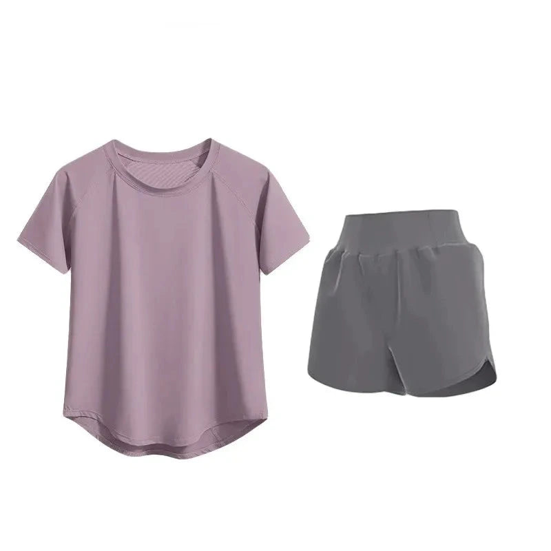 Fitness uniform set with a purple t-shirt and gray shorts on a white background
