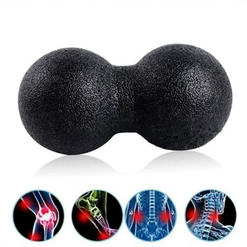 Black massage ball with images of body parts showing muscle tension on a white background