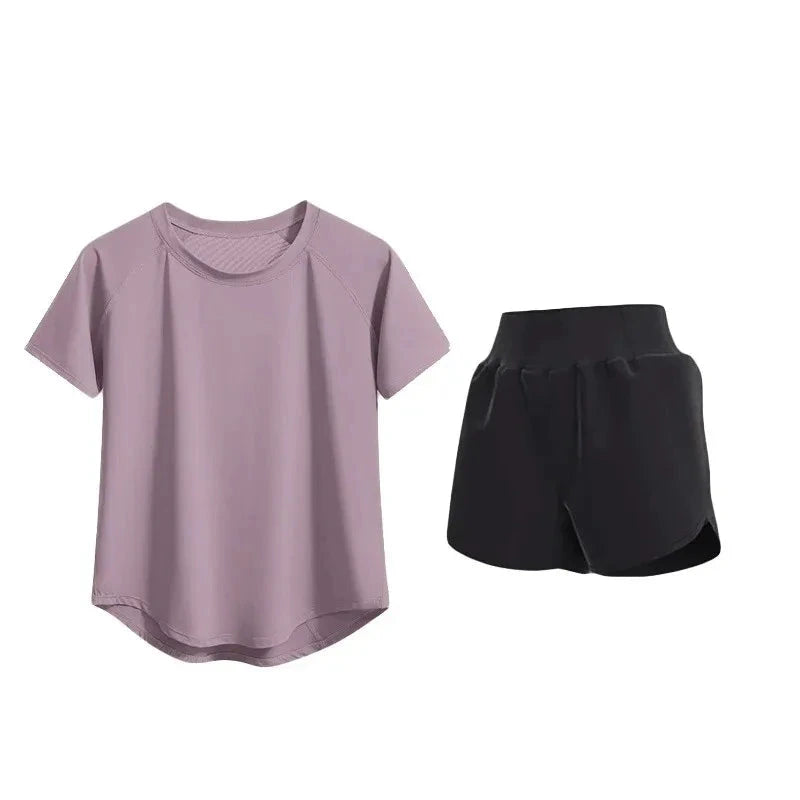 Fitness uniform set with a purple t-shirt and black shorts on a white background