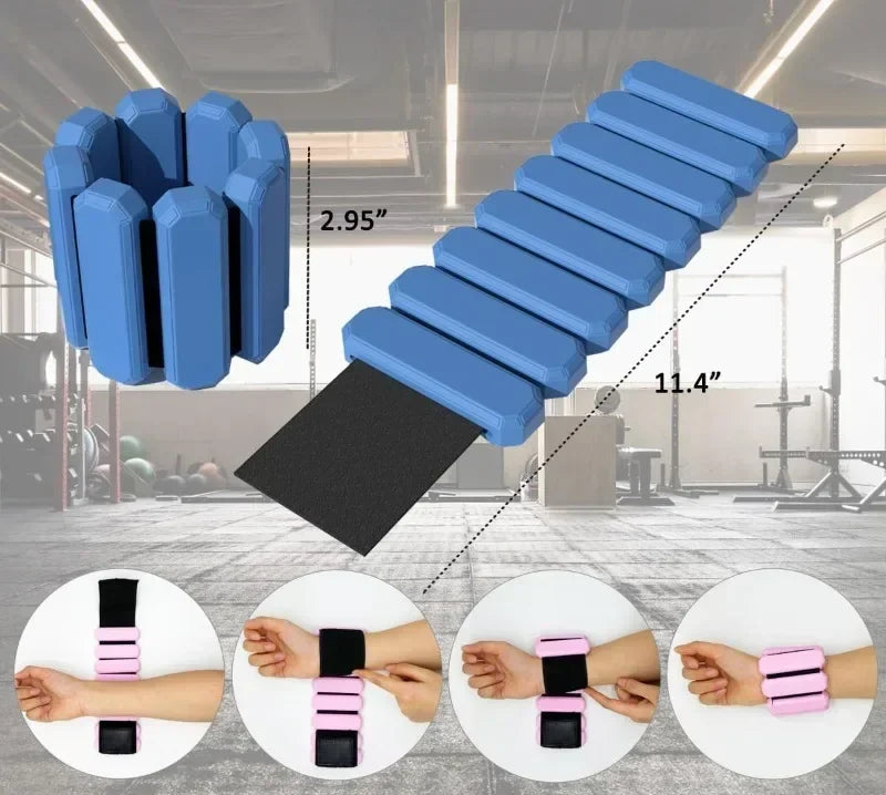 Blue wrist weight with instructions on how to use it, set against a blurred indoor background.