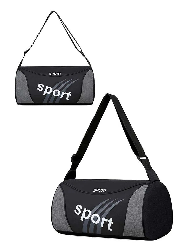 Black and gray duffel bag with 'sport' text on a white background
