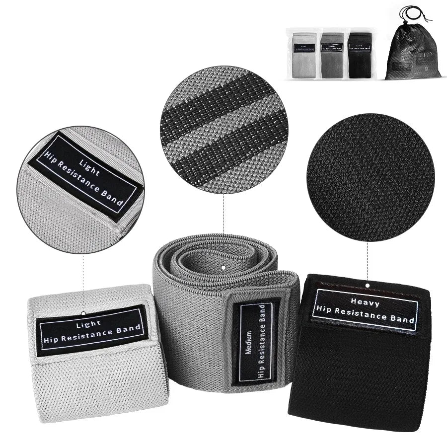Collection of light, medium, and heavy hip resistance bands with packaging on a white background.