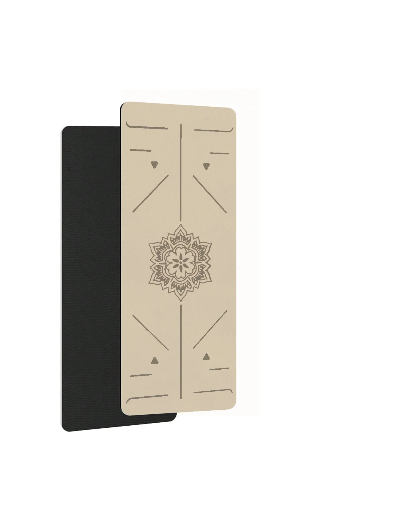 Yoga mat with mandala design on beige panel and black side, lacing tool shown.