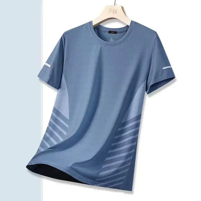 Blue t-shirt with white stripes on a hanger against a light blue background