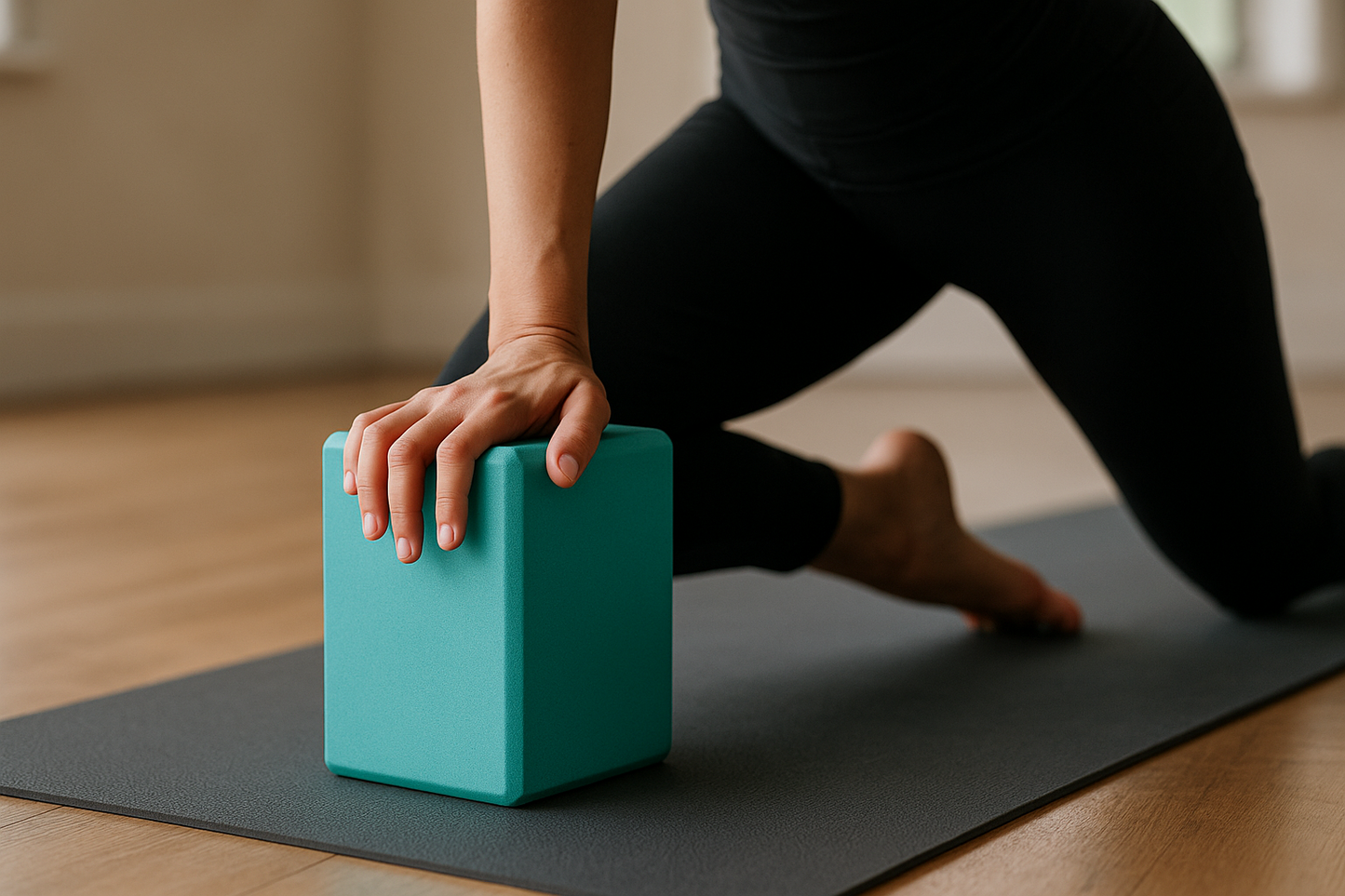 Person using a teal yoga block on a mat in a home setting