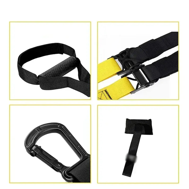 Black and yellow strap with carabiner and velcro strap on a white background
