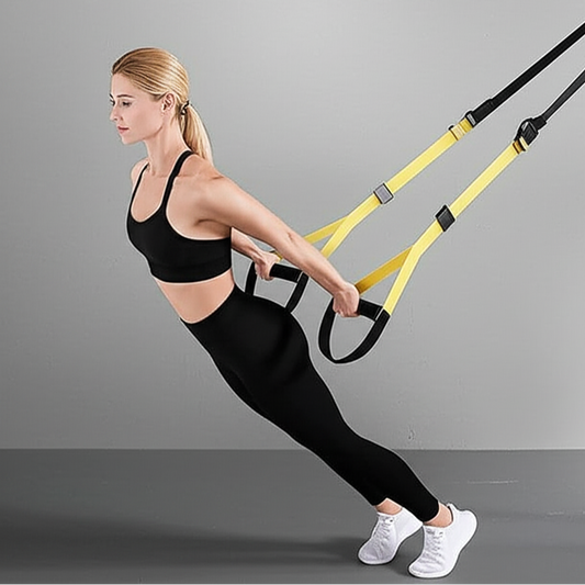 Woman exercising with TRX suspension straps on a gray background
