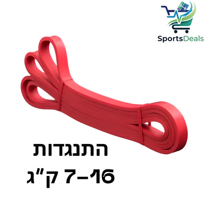 Red resistance band with text and SportsDeals logo on a white background