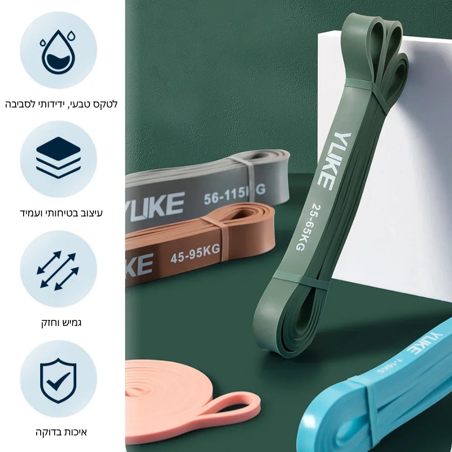 YLuke resistance bands on a green background with product details.