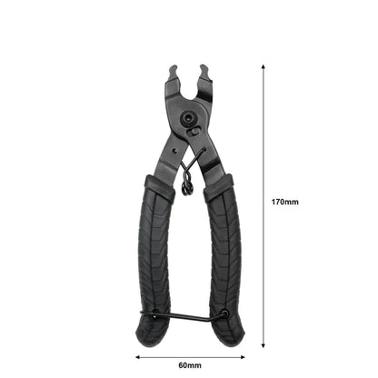 Black pliers with measurement details on a white background