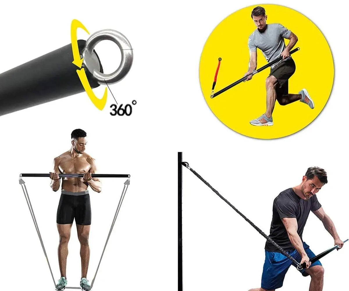 Multi-functional resistance bands bar with images of people using it and text highlighting features.