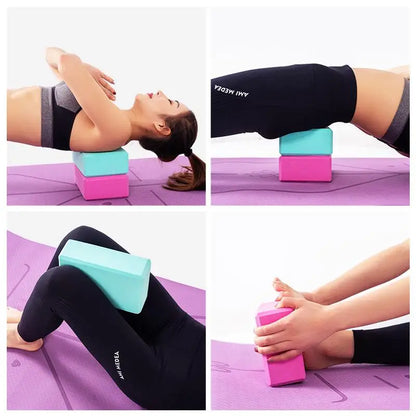Collage of a woman using colorful yoga blocks for stretching exercises on a purple mat.