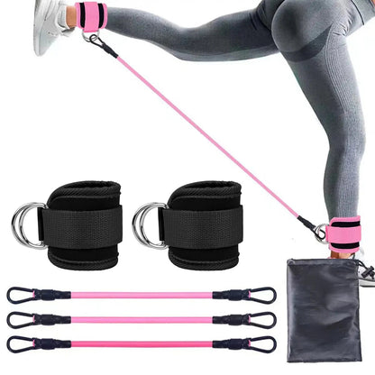 Fitness resistance rope set with black and pink components on a white background