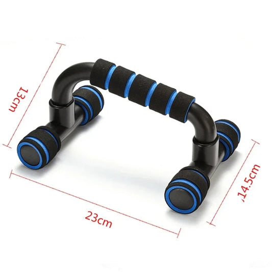 Black and blue exercise handle with measurements on a white background