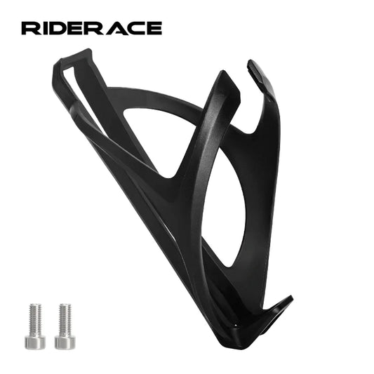 Black bicycle bottle cage with screws on a white background, featuring the 'RIDERACE' brand.