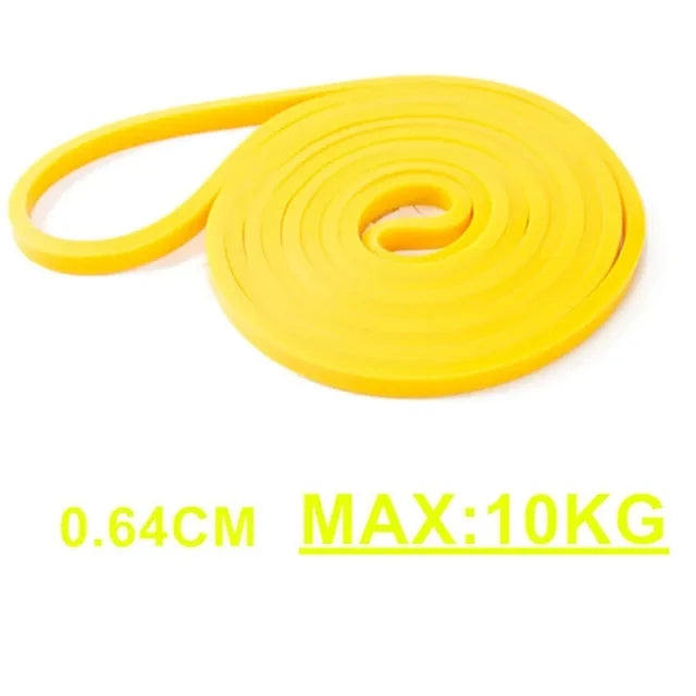 Yellow resistance band with specifications on a white background