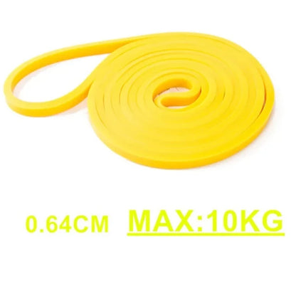 Yellow resistance band with specifications on a white background