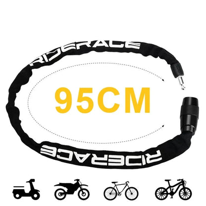 Black bike chain lock with 'RIDERACE' branding and length measurement '95CM' on a white background.