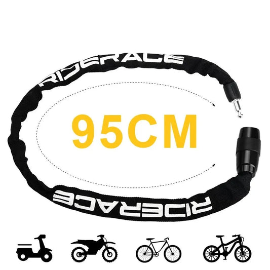 Black bike chain lock with 'RIDERACE' branding and length measurement '95CM' on a white background.